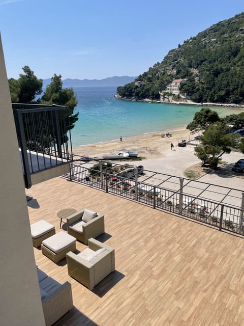 The beautiful view from the large terrace with seating patios and dining area