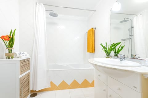 Combined shower/tub, hair dryer, bidet, towels