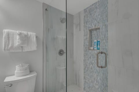 Newly remodeled, tiled walk-in shower in master bath