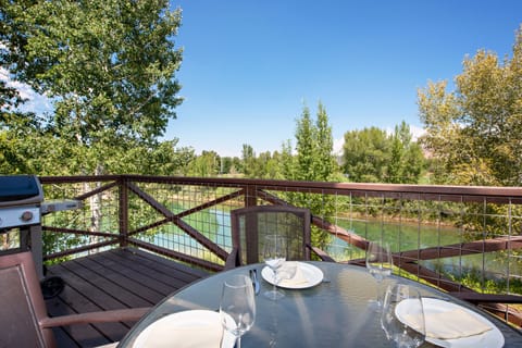 Outdoor seating area with lake views