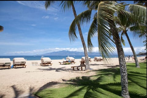 On the beach, sun loungers, beach towels