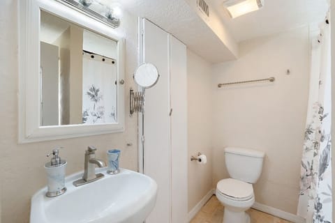 Combined shower/tub, hair dryer, towels, soap