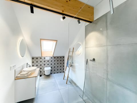 Combined shower/tub, hair dryer, towels, toilet paper