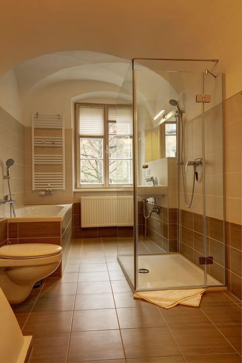 Combined shower/tub, hair dryer, towels, soap