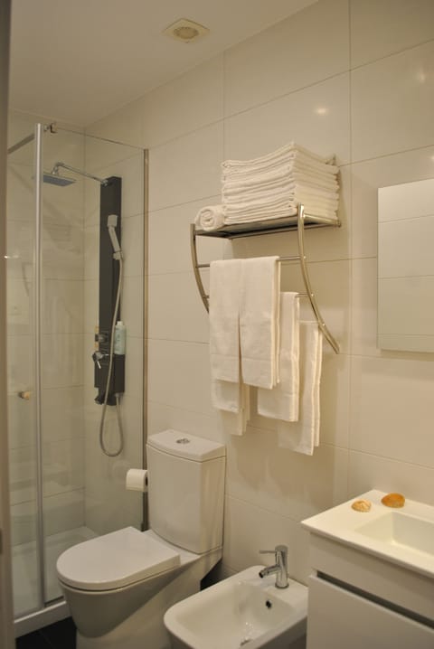 Hair dryer, towels, shampoo, toilet paper