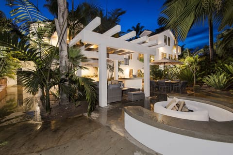 A beautiful outdoor entertaining area with unique custom lighting and palms.
