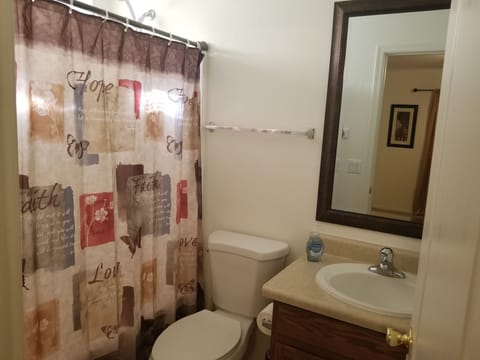 Combined shower/tub, hair dryer, towels, soap