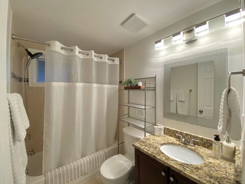 Combined shower/tub, hair dryer, towels, soap