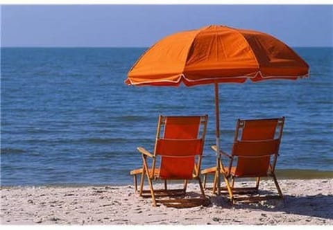 On the beach, sun loungers