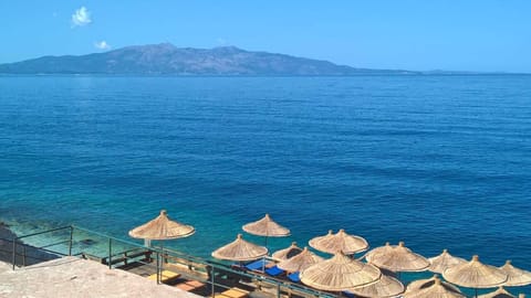 On the beach, sun loungers