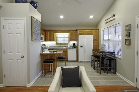 View of kitchen from the open living room