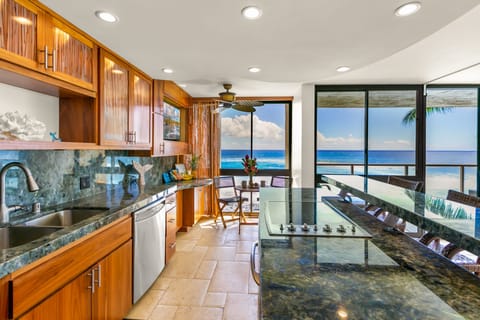 Gorgeous fully stocked kitchen with expansive ocean views.
