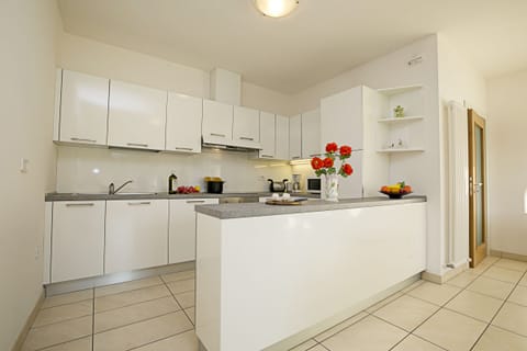 The kitchen corner with its part that harmoniously divides the living room