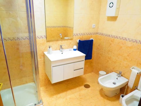 Combined shower/tub, hair dryer, bidet, towels