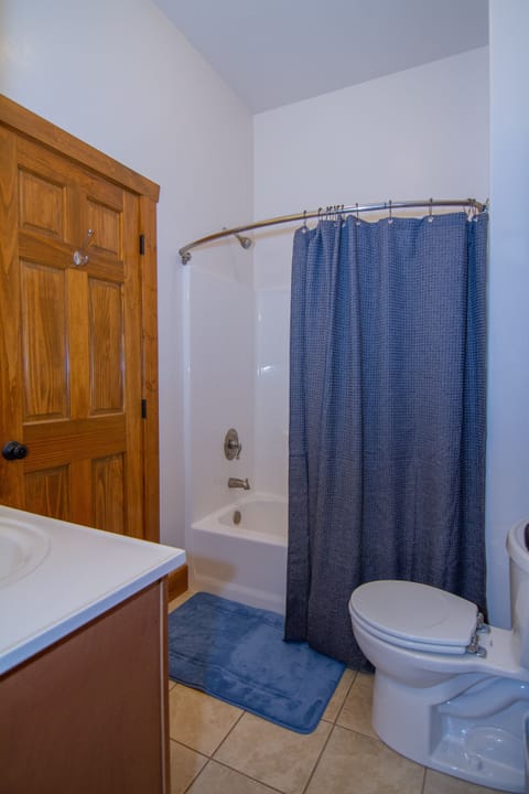 Combined shower/tub, hair dryer, towels, soap