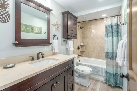 Combined shower/tub, hair dryer, towels