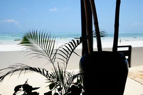 On the beach, sun loungers, beach towels