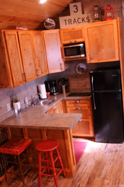 Fridge, microwave, stovetop, coffee/tea maker