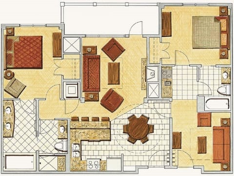 Two bedroom layout of this rental, bedrooms on far left/right.