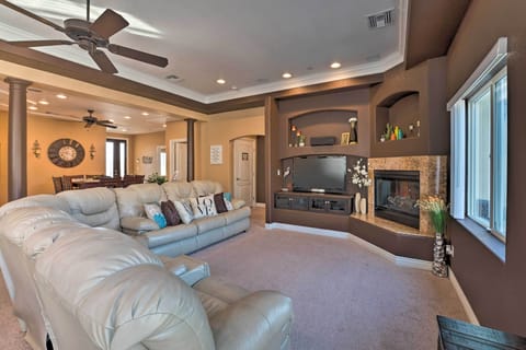 Living Room | Gas Fireplace | Private Balcony Access | Ceiling Fan
