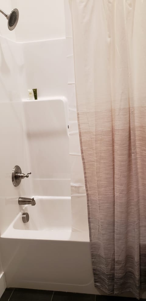 Combined shower/tub, hair dryer, towels, soap