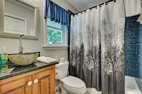 Combined shower/tub, hair dryer, towels