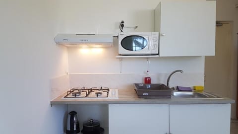 Fridge, microwave, stovetop, electric kettle