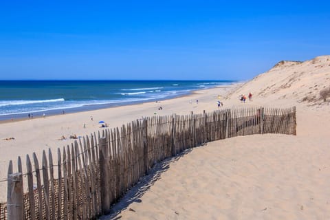 On the beach, sun loungers