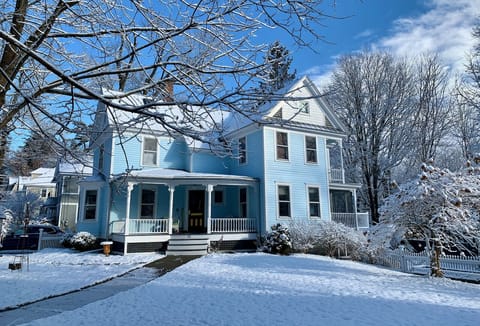 The house in winter splendor.  Holiday lights are on from November to April. 