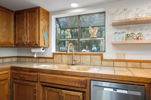 View out the garden window in the kitchen