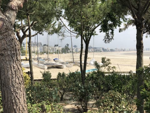 On the beach, sun loungers