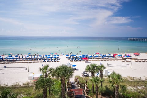 On the beach, sun loungers, beach umbrellas