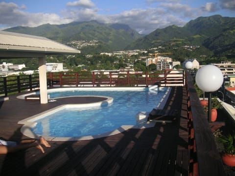 A rooftop pool