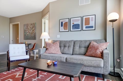 Welcome to your home away from home! This apartment features a spacious living area with a 50" smart TV, complementary DirecTV Stream, an electronic fireplace, and cozy designer furniture. :) 