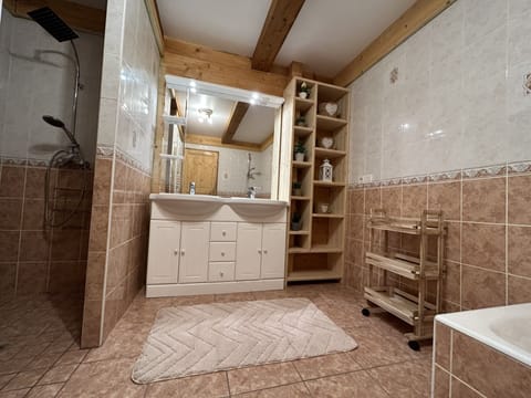 Combined shower/tub, hair dryer, towels