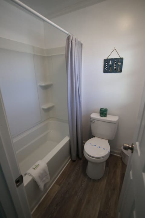 Combined shower/tub, hair dryer, towels