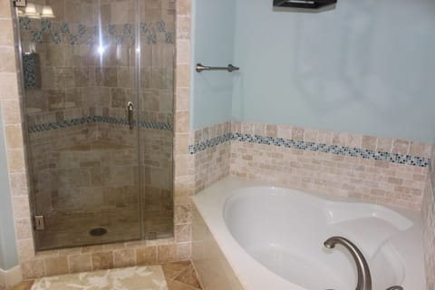 Combined shower/tub, jetted tub, hair dryer, towels