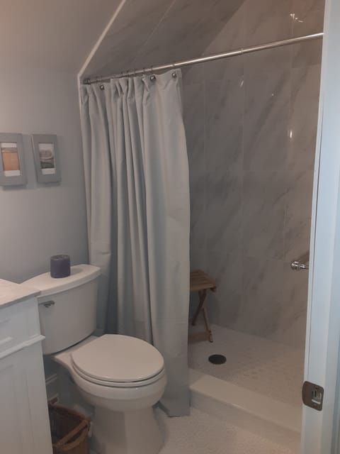 Combined shower/tub, hair dryer, towels, soap