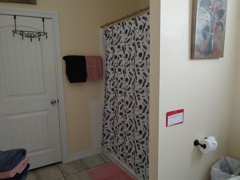 Combined shower/tub, hair dryer, towels, soap