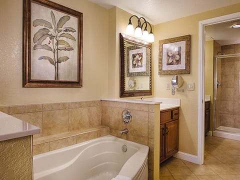 Combined shower/tub, jetted tub, hair dryer, towels