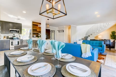 Seats 8 adults and 10 kids/adults. Opens right to the kitchen and living room.