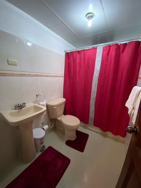 Combined shower/tub, hair dryer, towels, soap