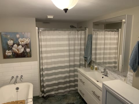 Bathroom with tub and separate shower.