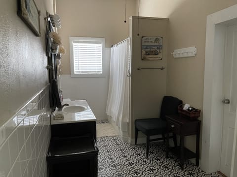 Combined shower/tub, hair dryer, towels, soap