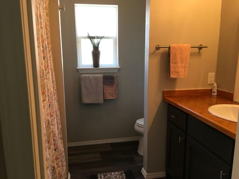 Combined shower/tub, hair dryer, towels, soap