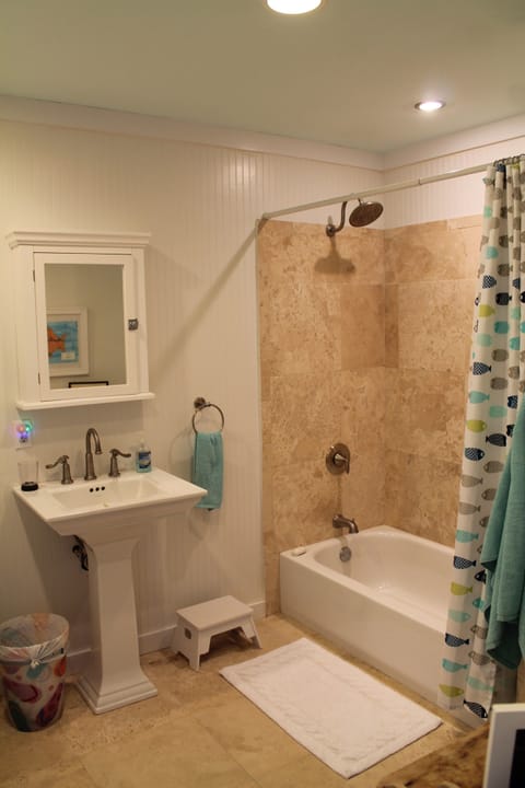 Combined shower/tub, towels, soap