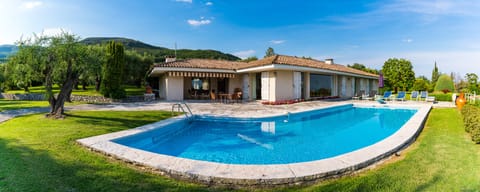 Swimming pool with covered barbecue area on left and large lounge on right