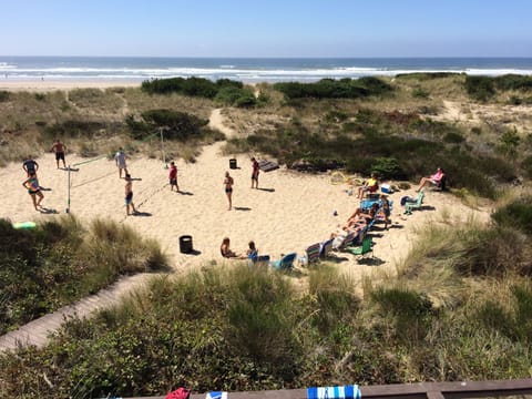 On the beach, sun loungers, beach towels