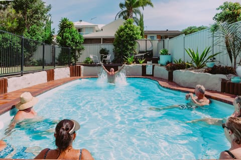 Outdoor pool, a heated pool, sun loungers