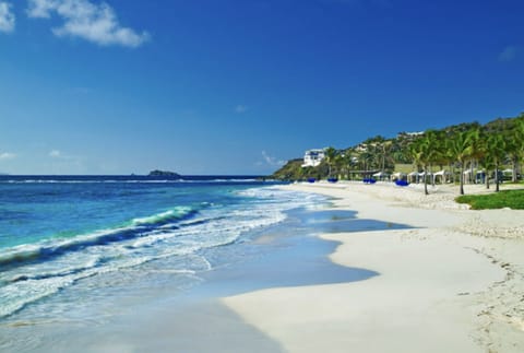 On the beach, sun loungers, beach towels